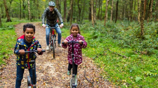 A father on a bicycle with two children on scooters on a trail through autumnal woods
